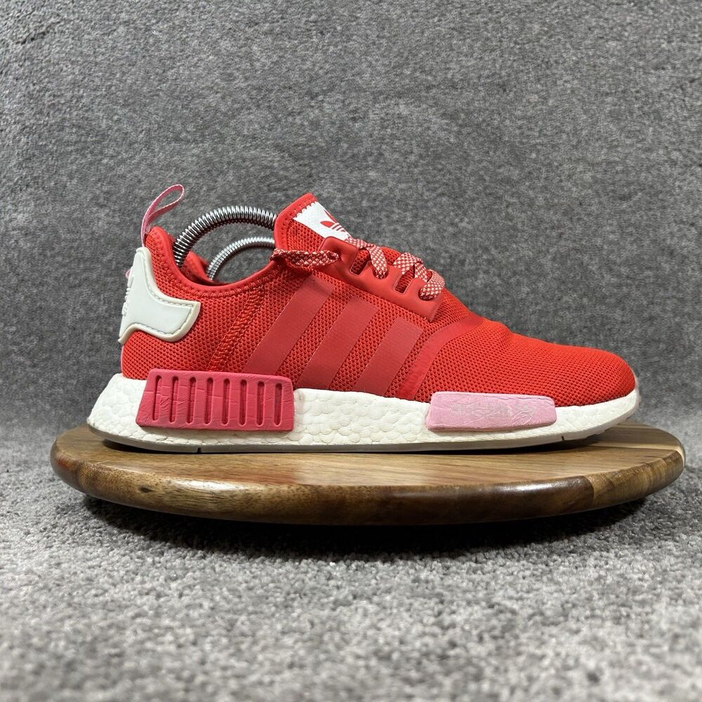 Adidas NMD_R1 Boost EE3829 Women’s Sz 9.5 Red Pink Heart Mesh Running Shoes Used